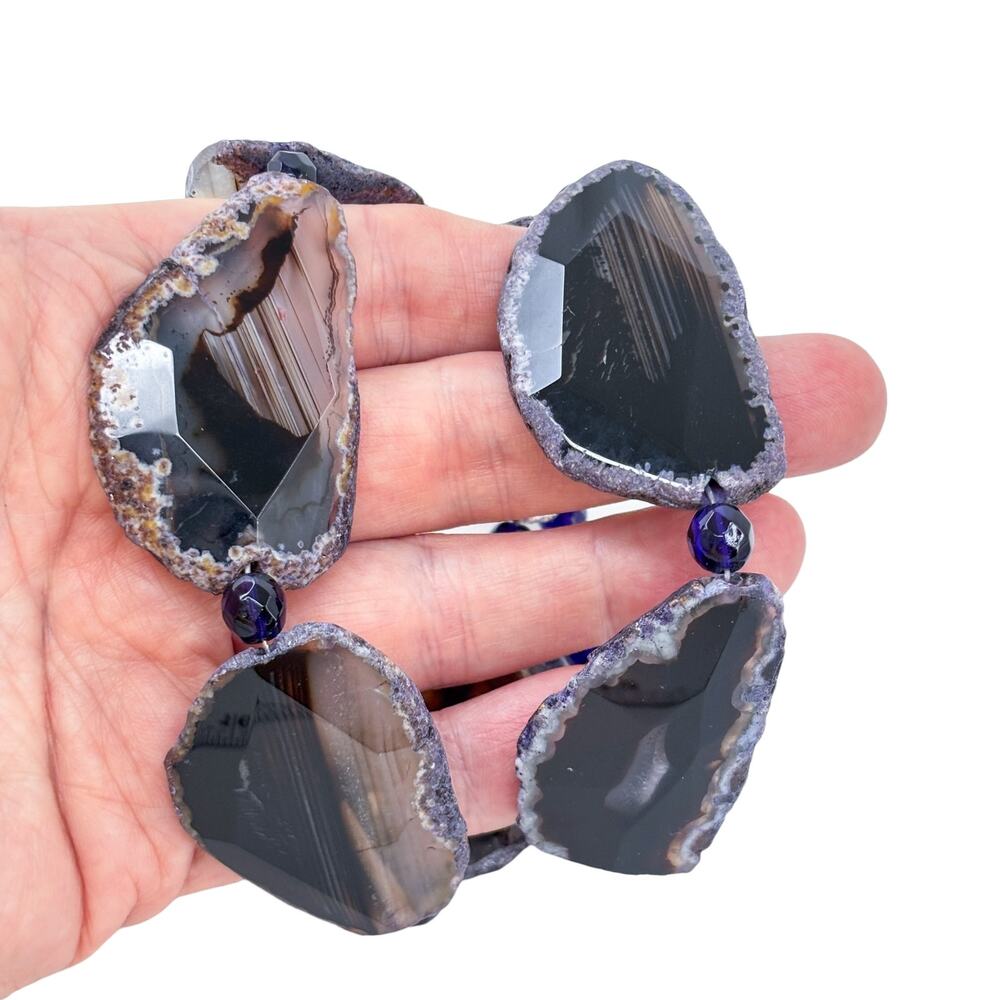 Vintage Sterling Silver Black Agate Slice Amethyst Bead Necklace 21"